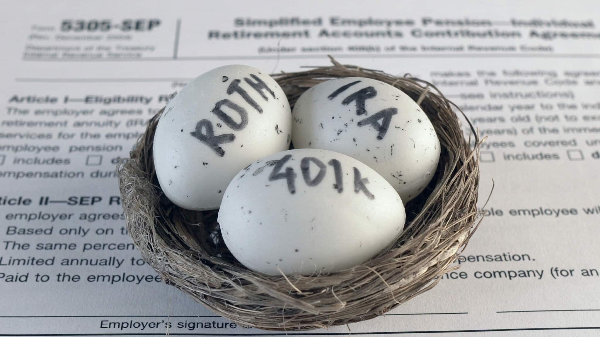 image of a ROTH, IRA and 401k as eggs in a nest