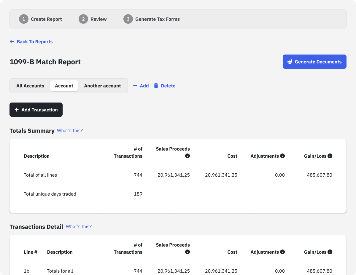 image of 1099b match tax report after a user imported form 1099B pdf file