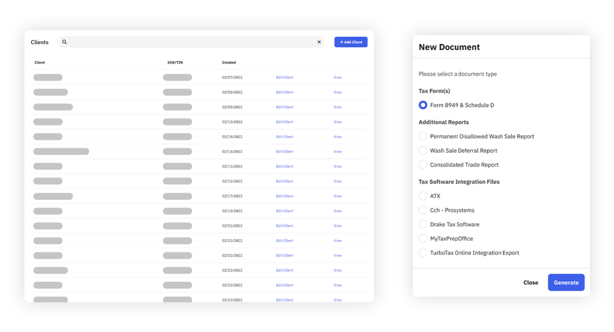 image of tax professional features like client management dashboard and tax software integrations in addition to permanent disallowed wash sale report, wash sale deferral report, and irs tax forms 8949 & schedule d and form 4797 in traderfyles